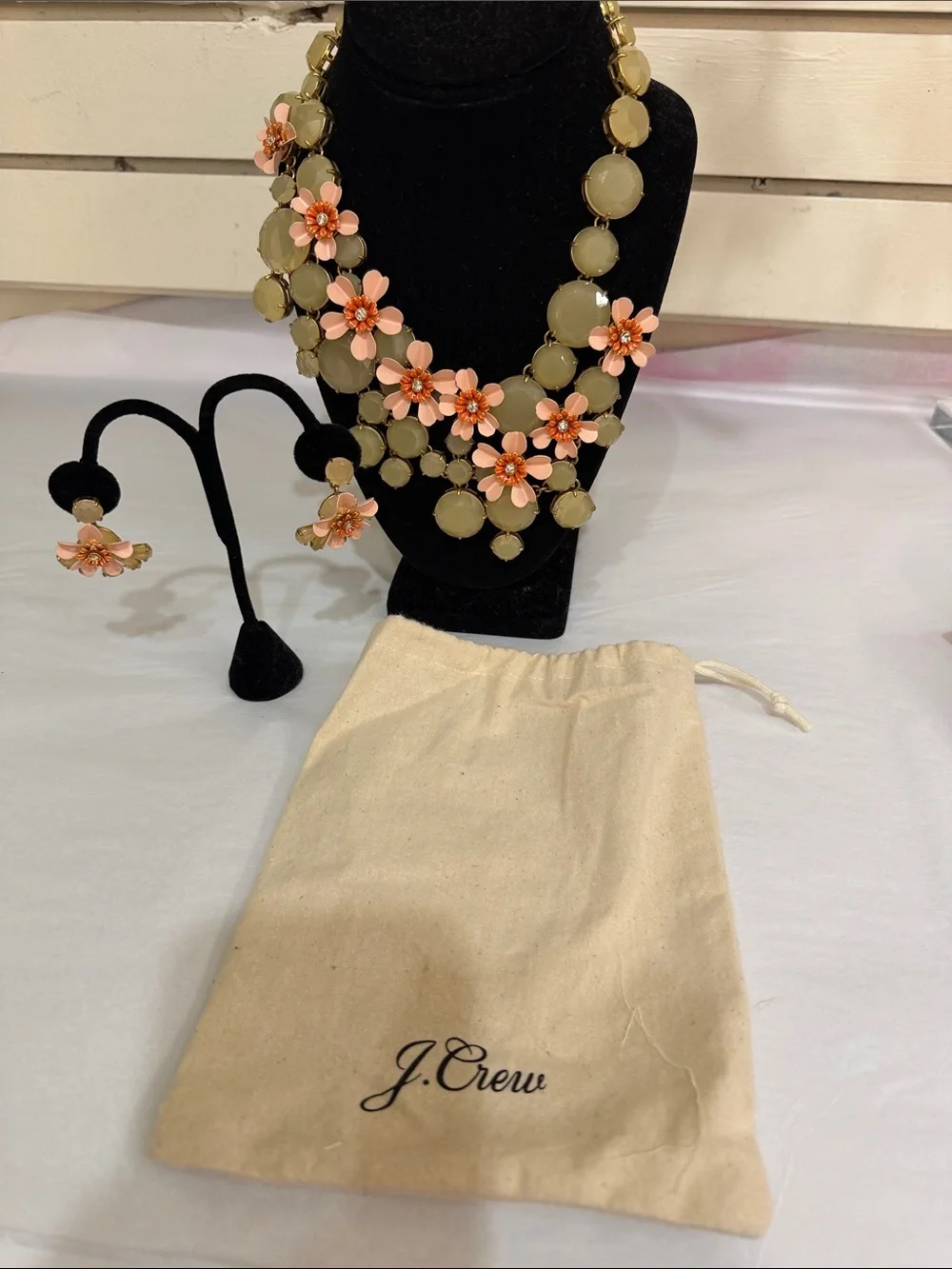 J. Crew Pink and Olive Floral Statement Necklace with Matching Earrings